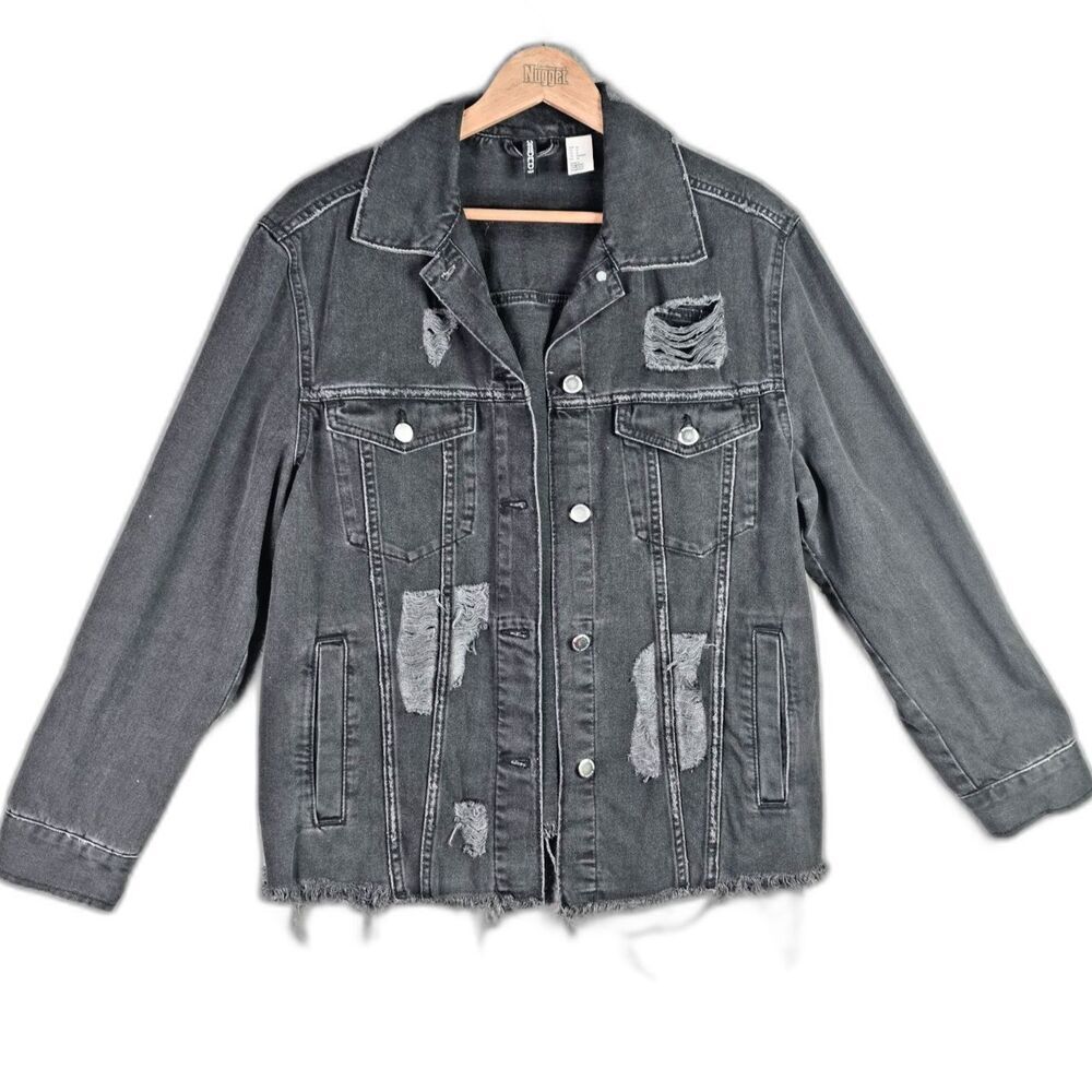 Divided HM Black Distressed Denim Jacket 12 Oversized Raw Hem Grunge